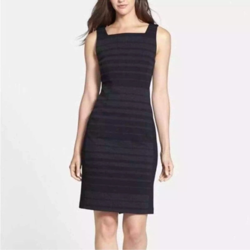 Eileen Fisher Striped Ponte Knit Sheath Dress Sleeveless Black Gray